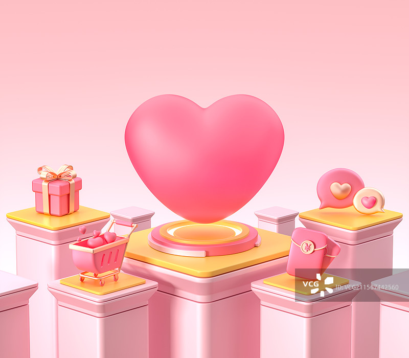 情人节粉色背景中的爱心元素堆头图3D场景图片素材