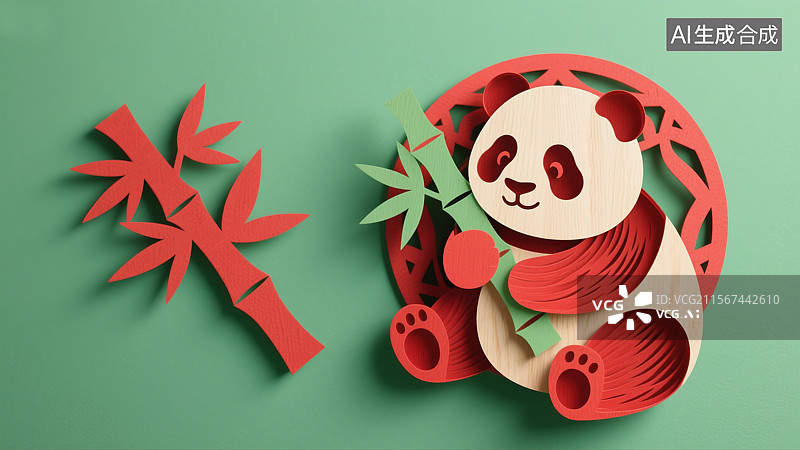 【AI数字艺术】非物质文化遗产绿色背景上立体红色剪纸熊猫抱竹艺术国宝传统中国插画极简主义木刻风格海报图片素材
