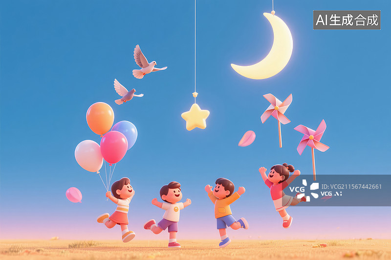 【AI数字艺术】快乐的孩子们在梦幻天空飞跃图片素材