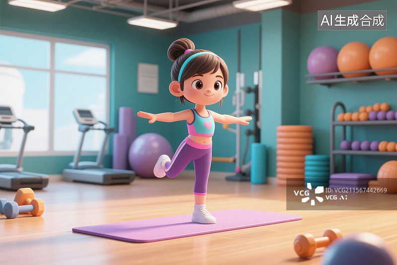 【AI数字艺术】卡通女孩在健身房锻炼图片素材