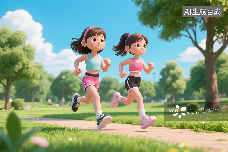 【AI数字艺术】公园里奔跑的卡通女孩图片素材