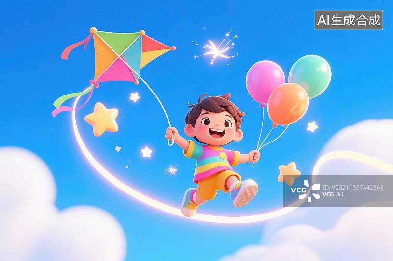 【AI数字艺术】快乐的男孩放风筝图片素材