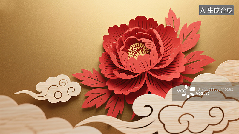 【AI数字艺术】非物质文化遗产金色背景上的立体红色剪纸牡丹与祥云艺术极简主义木刻风格插画图片素材