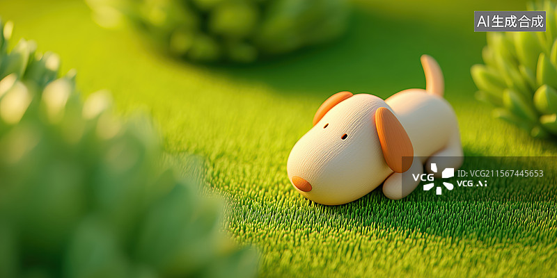 【AI数字艺术】晴朗绿色草地上休闲的可爱宠物狗狗3D卡通立体插画图片素材