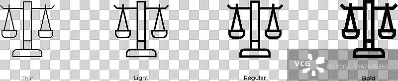 法律天平图标，细线、轻型、常规和粗体风格图片素材