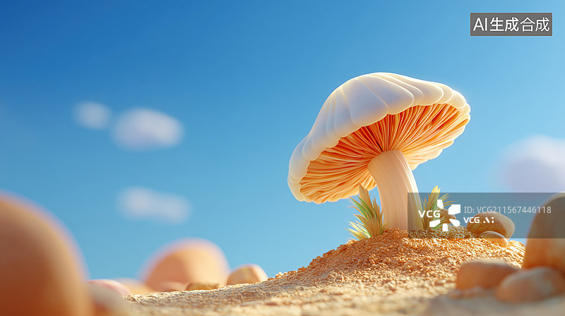 【AI数字艺术】夏季晴朗天气山坡上的彩色蘑菇3D卡通立体插画图片素材