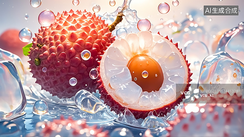 【AI数字艺术】水珠飞溅中的新鲜荔枝三维插画图片素材