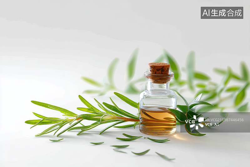 【AI数字艺术】迷迭香精油与绿叶的自然疗愈图片素材