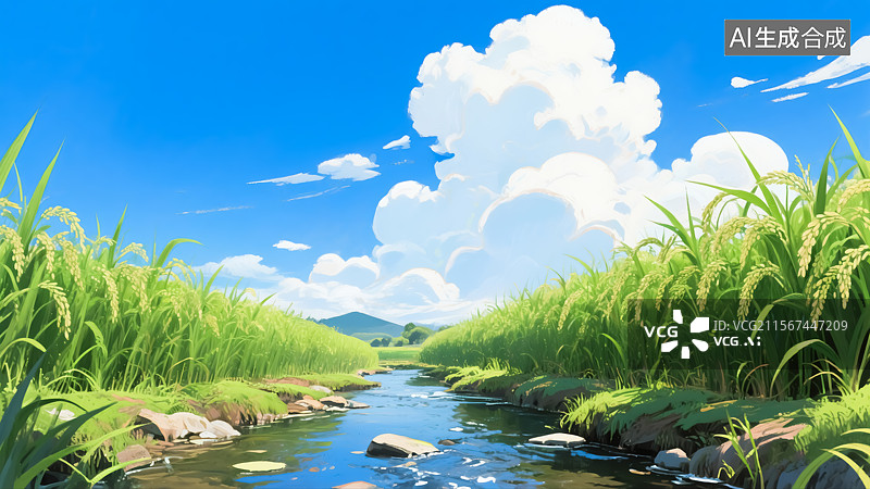 【AI数字艺术】田园溪流稻田插画图片素材
