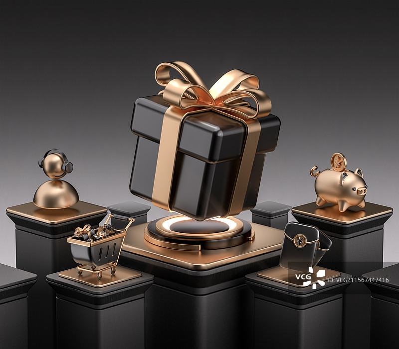 高级灰黑金礼盒元素堆品牌促销活动3D场景图片素材