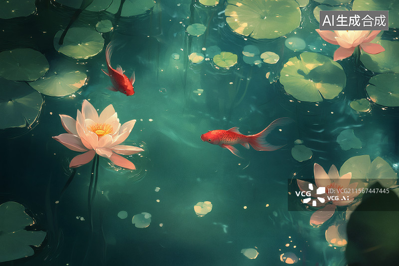 【AI数字艺术】盛夏，池塘里盛开的荷叶与自由自在的锦鲤图片素材