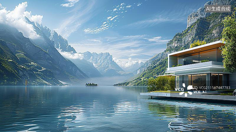【AI数字艺术】湖畔现代建筑的宁静之美 雪山湖景旁的玻璃小屋  湖畔禅意居所  山水间的现代雅居图片素材