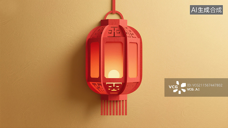 【AI数字艺术】非物质文化遗产金色背景上的立体剪纸发光红灯笼艺术极简主义木刻风格插画图片素材