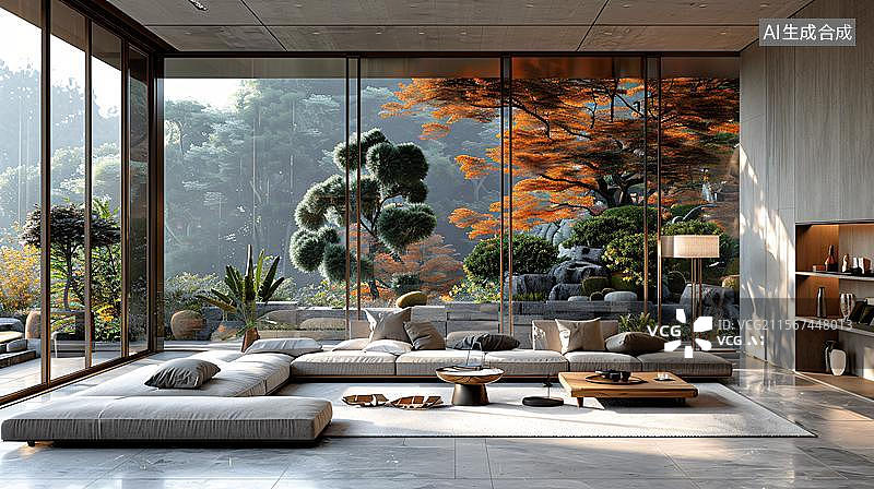 【AI数字艺术】禅意庭院的静谧时光 庭院的秋日   禅意空间中的自然画卷 静谧庭院一隅图片素材