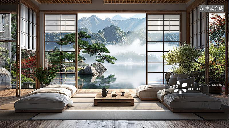 【AI数字艺术】禅意庭院的静谧时光 庭院的秋日   禅意空间中的自然画卷 静谧庭院一隅图片素材