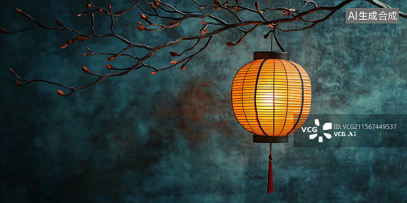 【AI数字艺术】传统灯笼树枝夜景摄影风格节日装饰背景插画图片素材