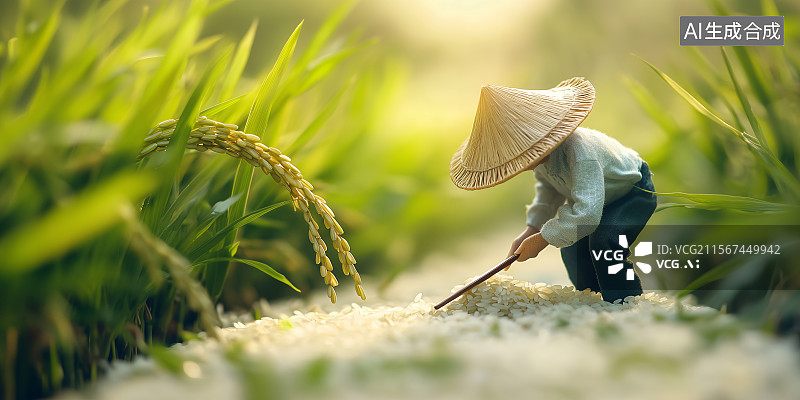 【AI数字艺术】稻田微型人物摄影风格创意农业水稻小麦宣传海报插画图片素材