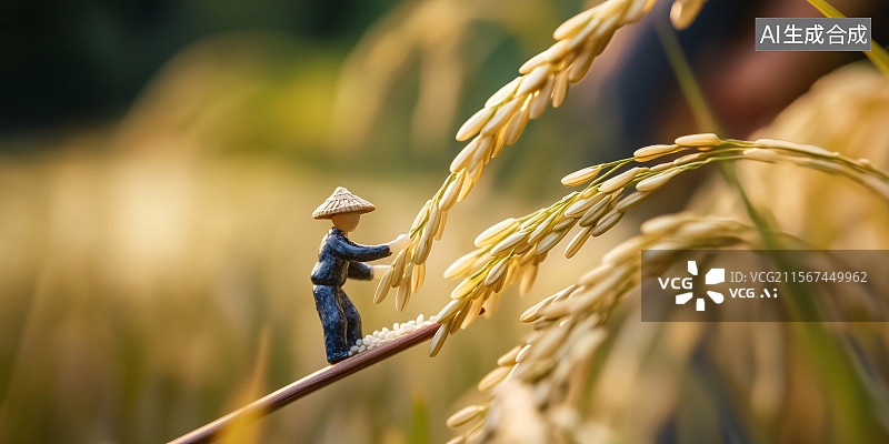 【AI数字艺术】稻田微型人物摄影风格创意农业水稻小麦宣传海报插画图片素材