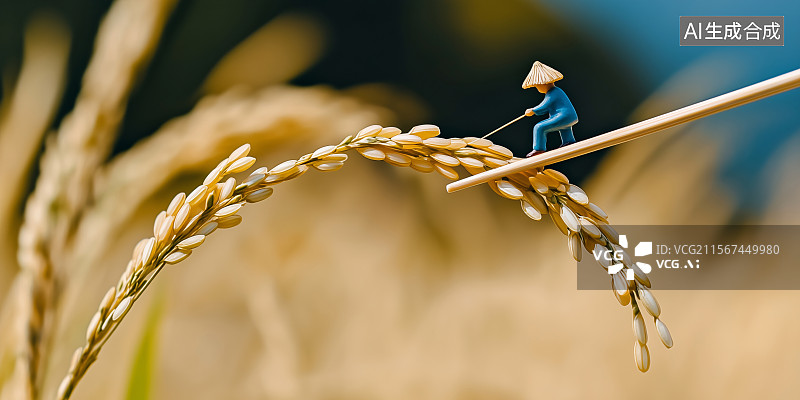 【AI数字艺术】稻田微型人物摄影风格创意农业水稻小麦宣传海报插画图片素材