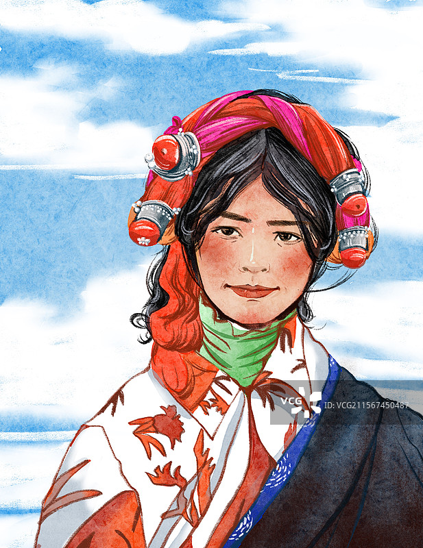 蓝天白云背景的藏族女孩图片素材