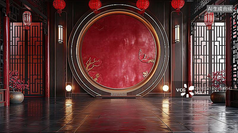 【AI数字艺术】东方意境的空间 中式红韵的舞台背景   中国红中式人造空间背景 屏风  红色背景下的传统节日展台设计图片素材