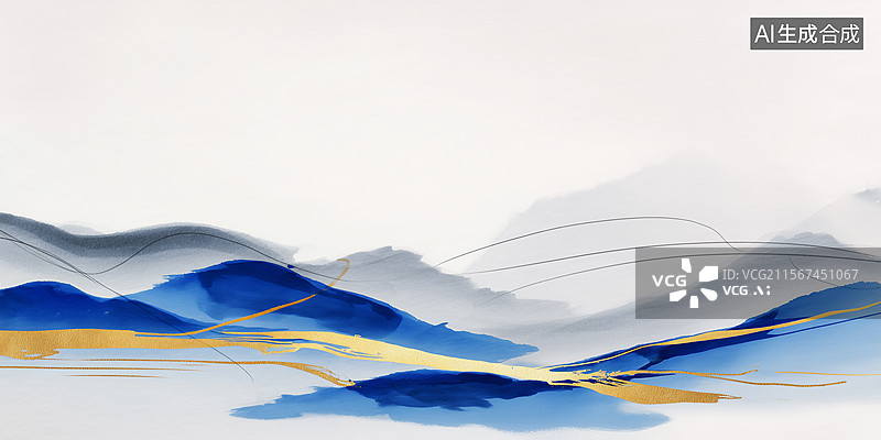 【AI数字艺术】蓝金线条山水抽象艺术画图片素材