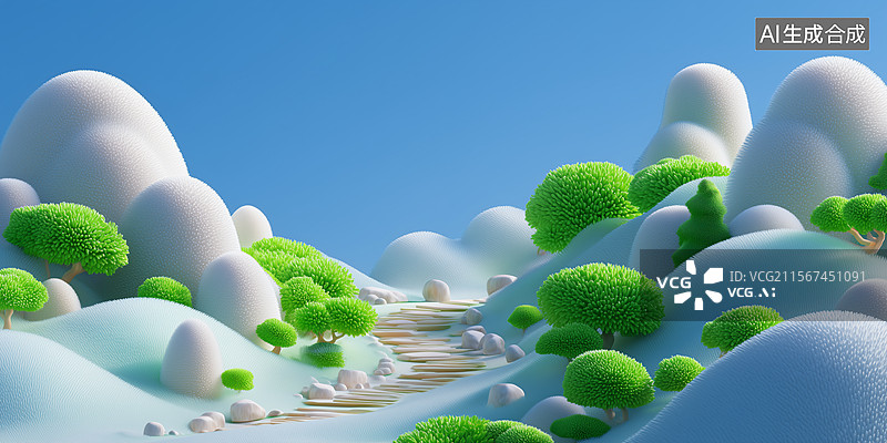 【AI数字艺术】3D卡通梦幻风格蓝绿山丘溪流风景图片素材