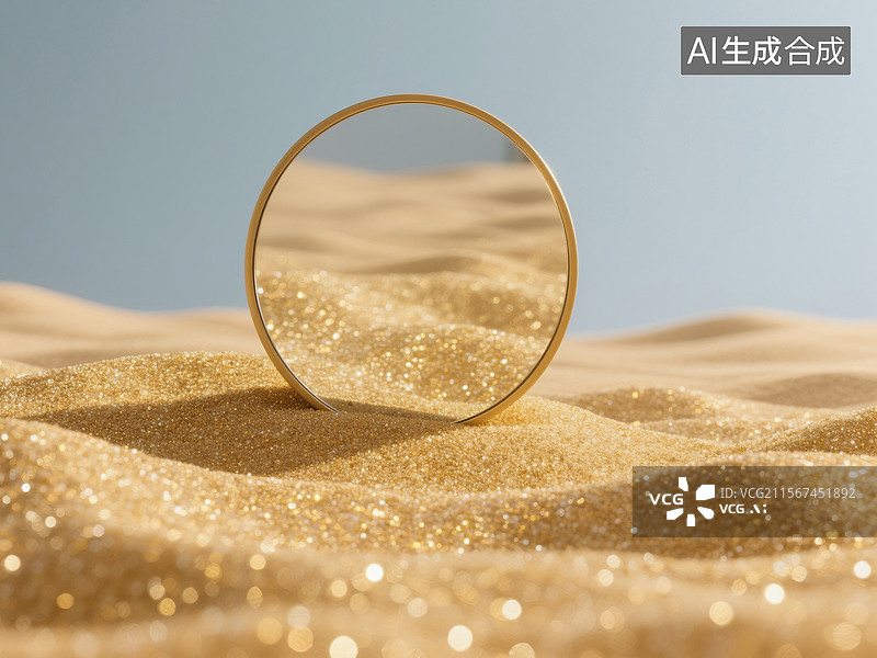 【AI数字艺术】铺有闪着金光细沙画面中的圆形镜子图片素材