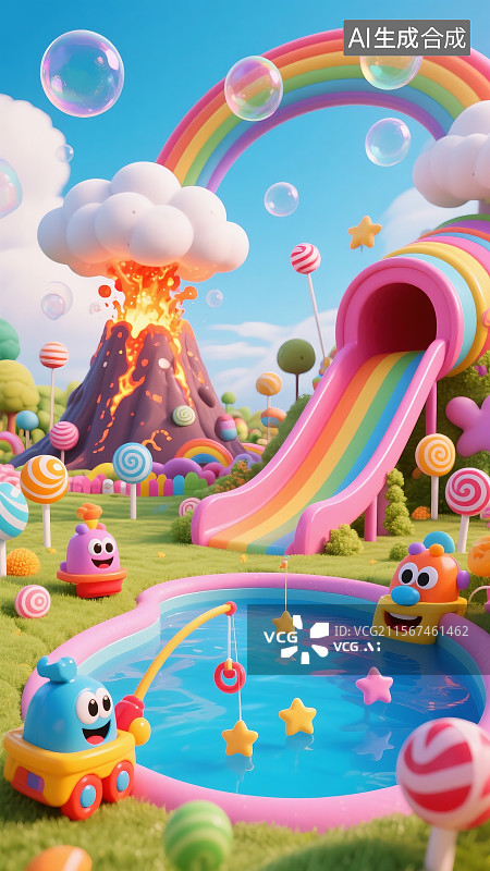 【AI数字艺术】61儿童节梦幻滑梯泳池场景图片素材