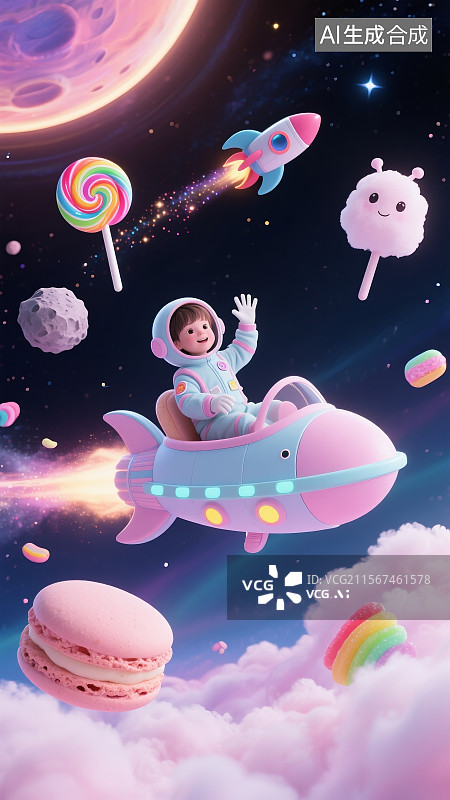 【AI数字艺术】61儿童节梦幻太空飞船场景图片素材