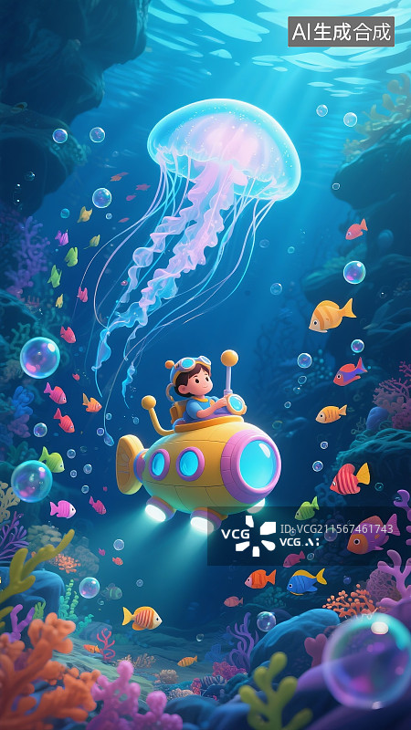 【AI数字艺术】儿童节海底世界潜水艇发光水母儿童潜水艇鱼群图片素材