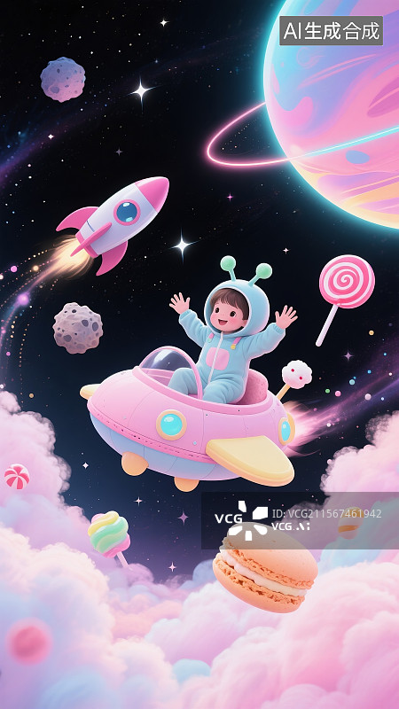 【AI数字艺术】61儿童节梦幻太空飞船云朵场景图片素材
