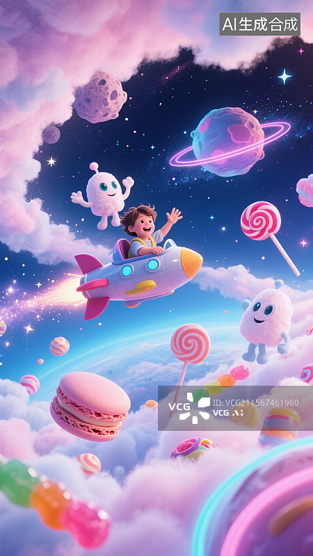 【AI数字艺术】61儿童节梦幻太空飞船云朵场景图片素材