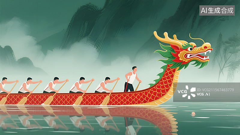 【AI数字艺术】水墨风端午龙舟竞渡插画海报图片素材