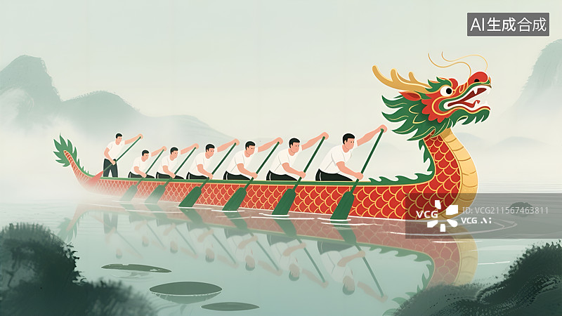 【AI数字艺术】水墨风端午龙舟竞渡插画海报图片素材