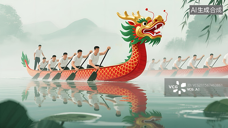 【AI数字艺术】水墨风端午龙舟竞渡插画海报图片素材