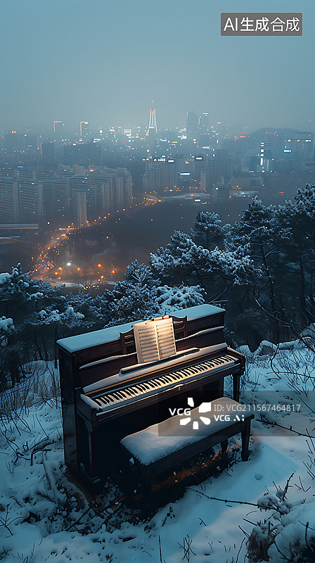 【AI数字艺术】冬季山上远眺城市的钢琴图片素材