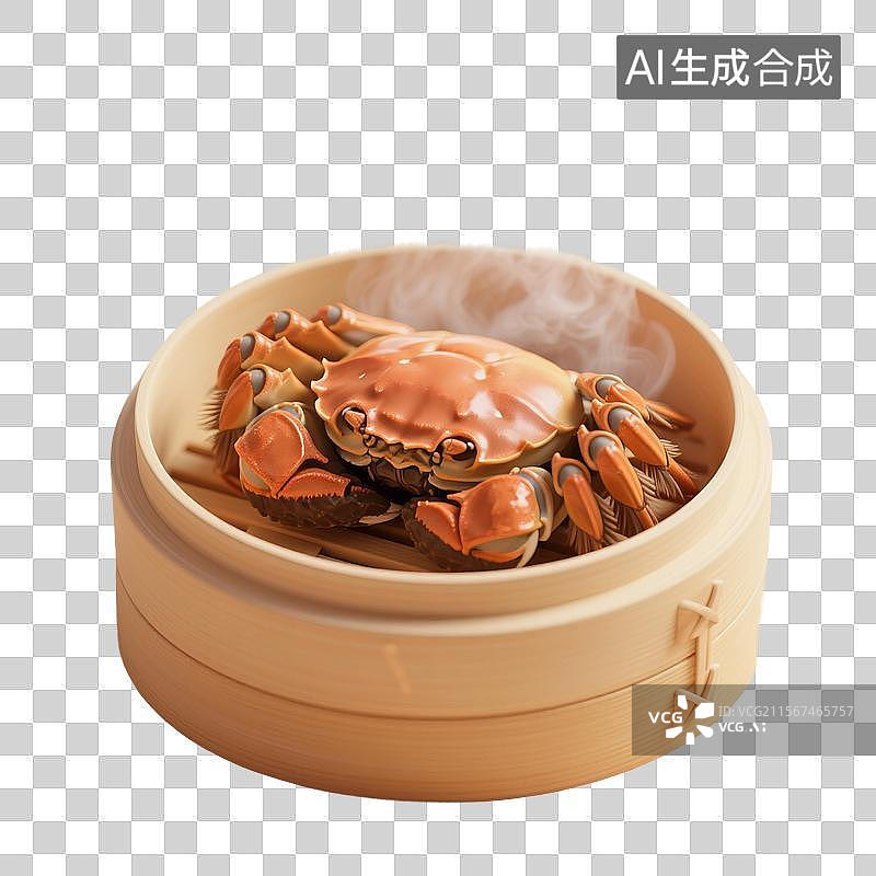 【AI数字艺术】3D渲染，蒸笼里的大闸蟹，传统美食，免抠元素图片素材