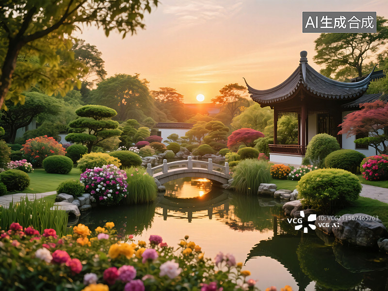 【AI数字艺术】亚洲私人花园夕阳美景图片素材
