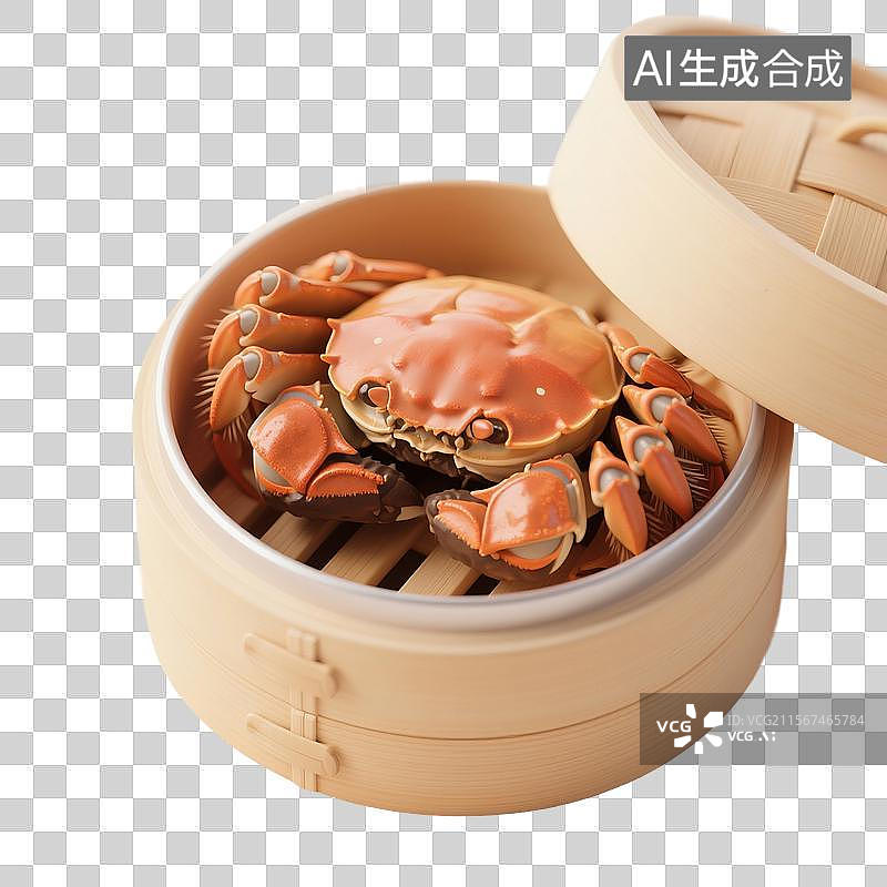 【AI数字艺术】3D渲染，蒸笼里的大闸蟹，传统美食，免抠元素图片素材