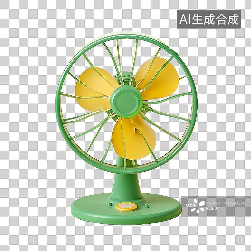 【AI数字艺术】3D渲染，绿色卡通电器，电风扇，夏天，免抠元素图片素材