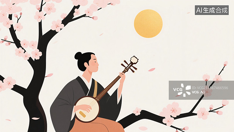 【AI数字艺术】日暖樱花下的亚洲弹奏者图片素材
