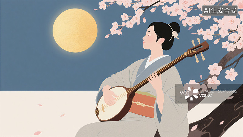 【AI数字艺术】日暖樱花下的亚洲弹奏者图片素材