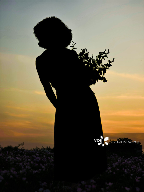 手捧鲜花欣赏天边晚霞的女子剪映图片素材