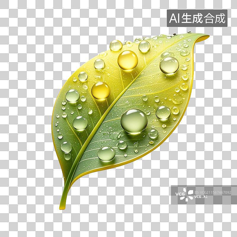 【AI数字艺术】3D渲染，绿色水滴和叶子，免抠元素图片素材