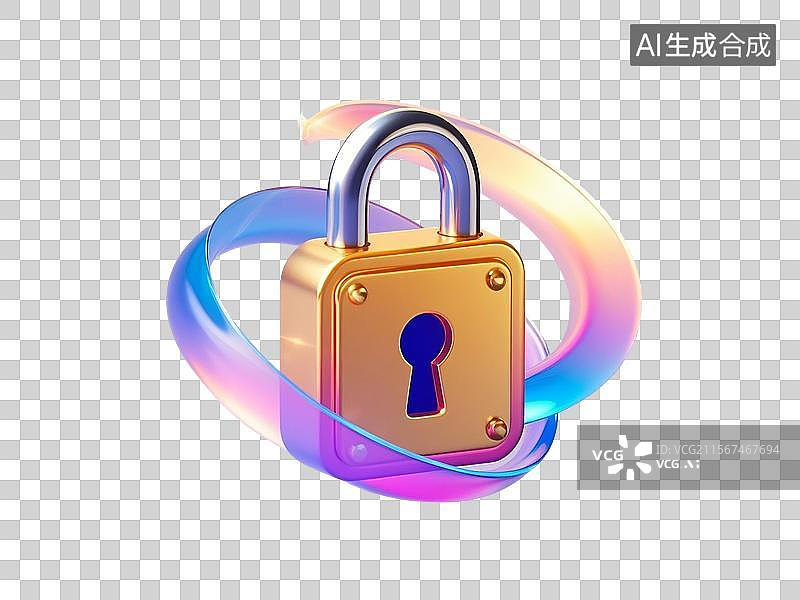 【AI数字艺术】3D渲染，炫彩激光镭射酸性金属质感，锁，挂锁，一把锁，图形图标，免抠元素图片素材
