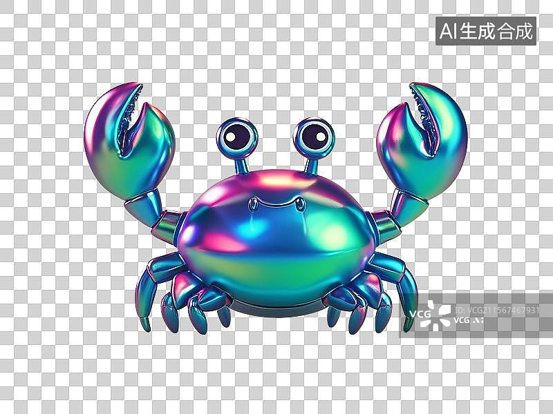 【AI数字艺术】3D渲染，炫彩激光镭射酸性金属质感，可爱的卡通螃蟹，十二星座，巨蟹座，夏天免抠元素图片素材
