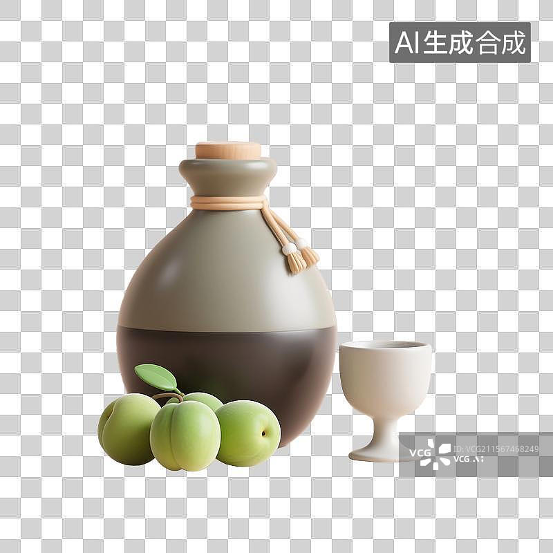 【AI数字艺术】国风手绘插画，青梅酒，梅子酒，米酒，酒壶，酒坛子，酒缸，酒杯，传统文化，酒文化，免抠元素图片素材