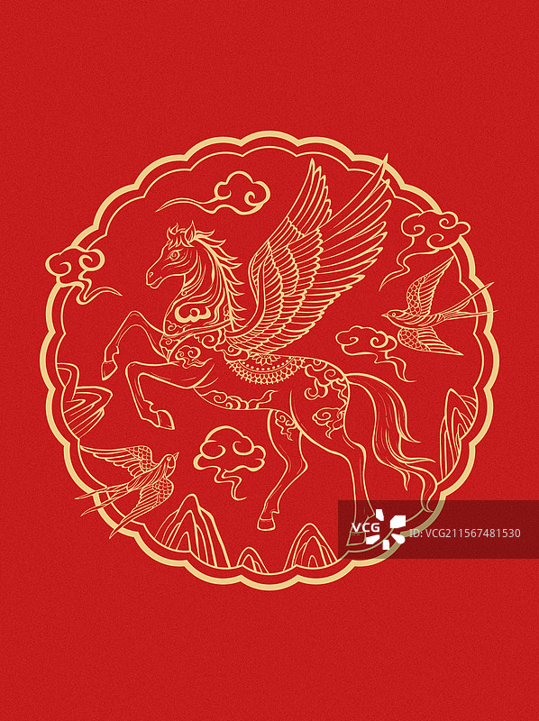 手绘马年春节红包封面飞马飞燕祥云插画图片素材
