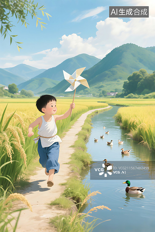 【AI数字艺术】小孩手持风车在乡间小路奔跑，鸭子在水里游泳图片素材